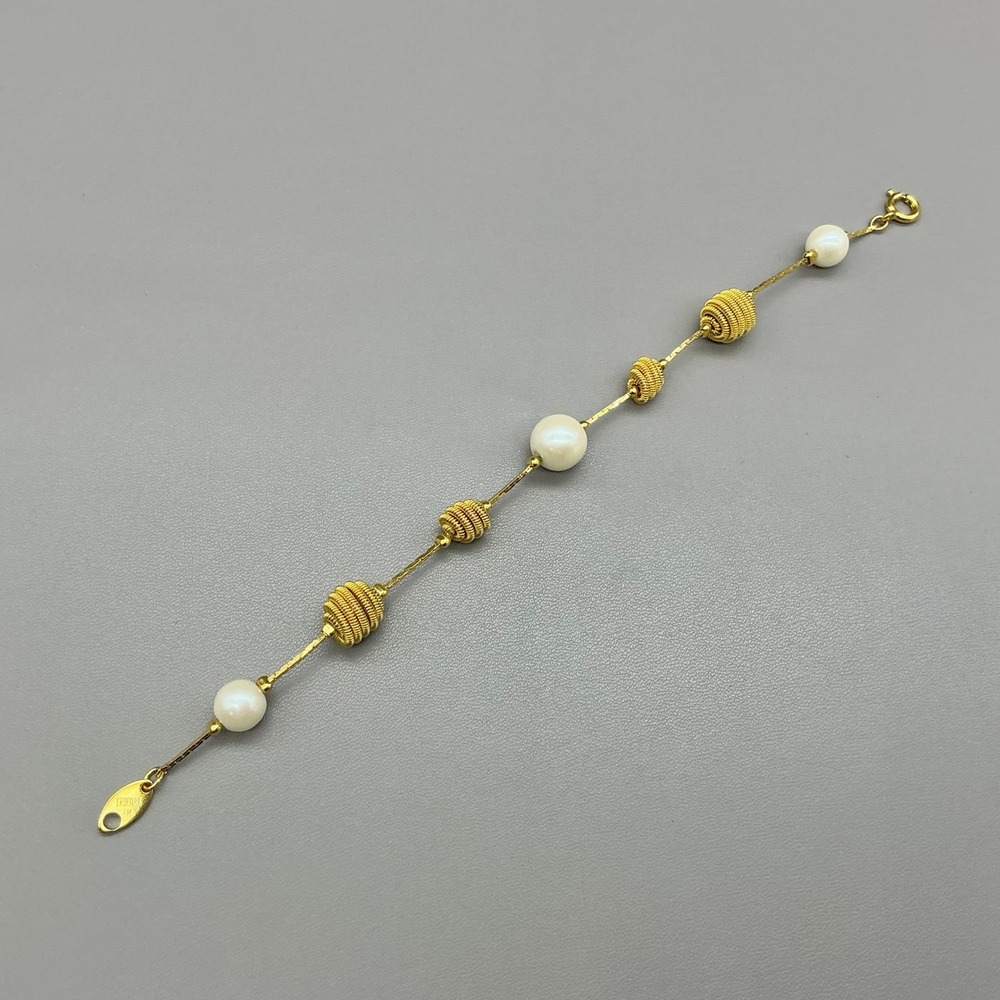 Trifari Bracelet Gold Tone Faux Pearl Textured Bead Station Chain Signed 7.5"